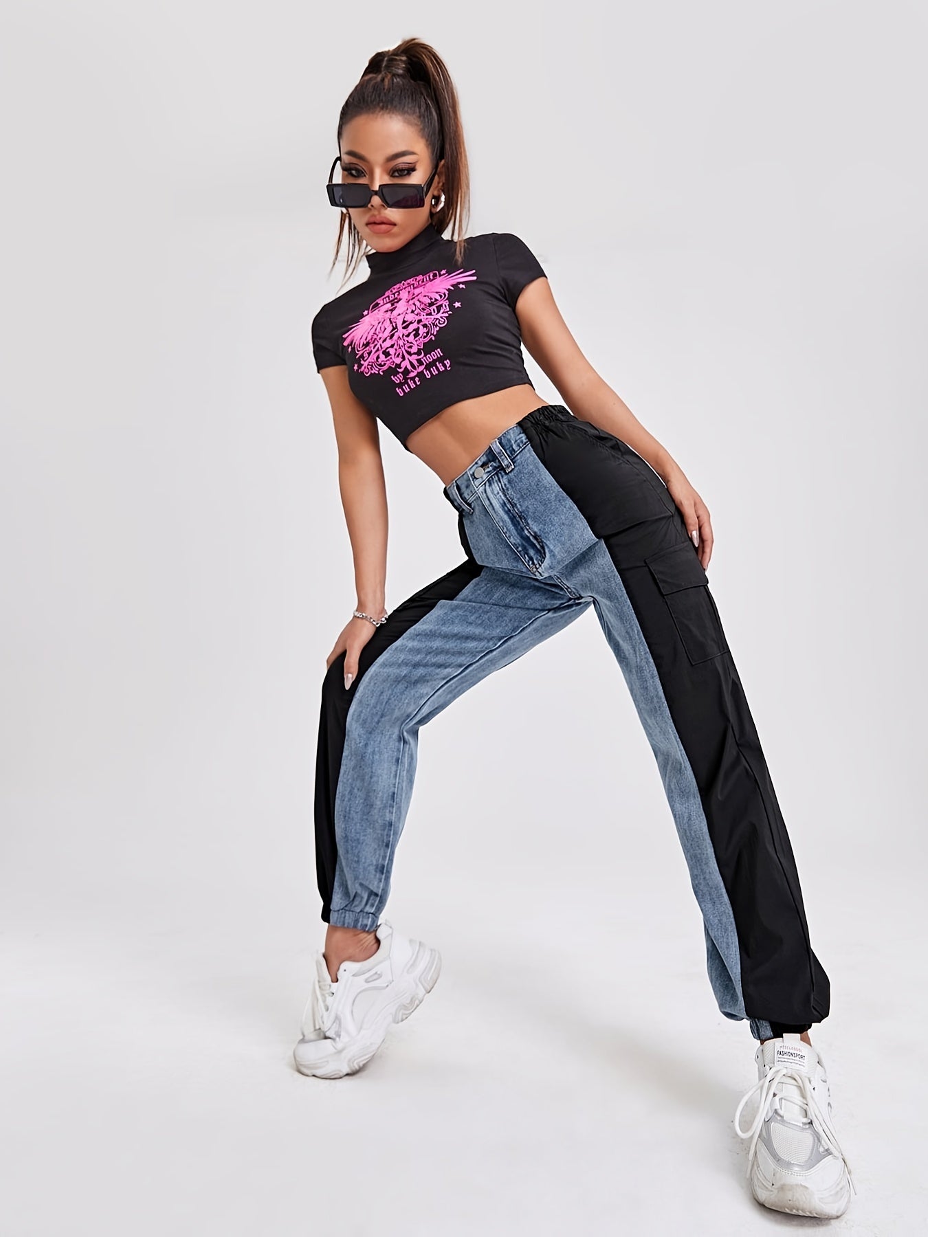 Colorblock High Waist Straight Jeans Flap Pockets Loose Fit