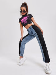 Colorblock High Waist Straight Jeans Flap Pockets Loose Fit