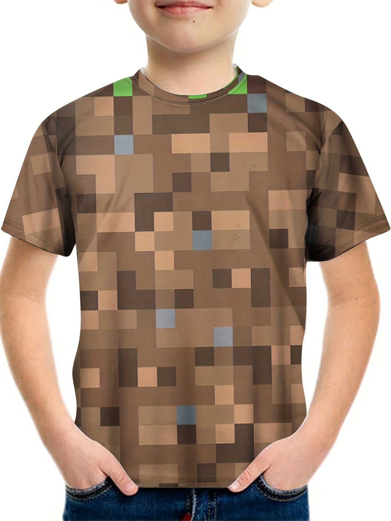 Brown Squares Pattern T shirt For Kids Short Sleeve Top Casual Tee Boy's Clothes