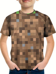 Brown Squares Pattern T shirt For Kids Short Sleeve Top Casual Tee Boy's Clothes