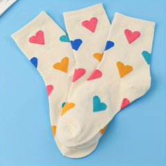 3 Pairs Heart Print Socks Comfy Mid Tube Women's Stockings