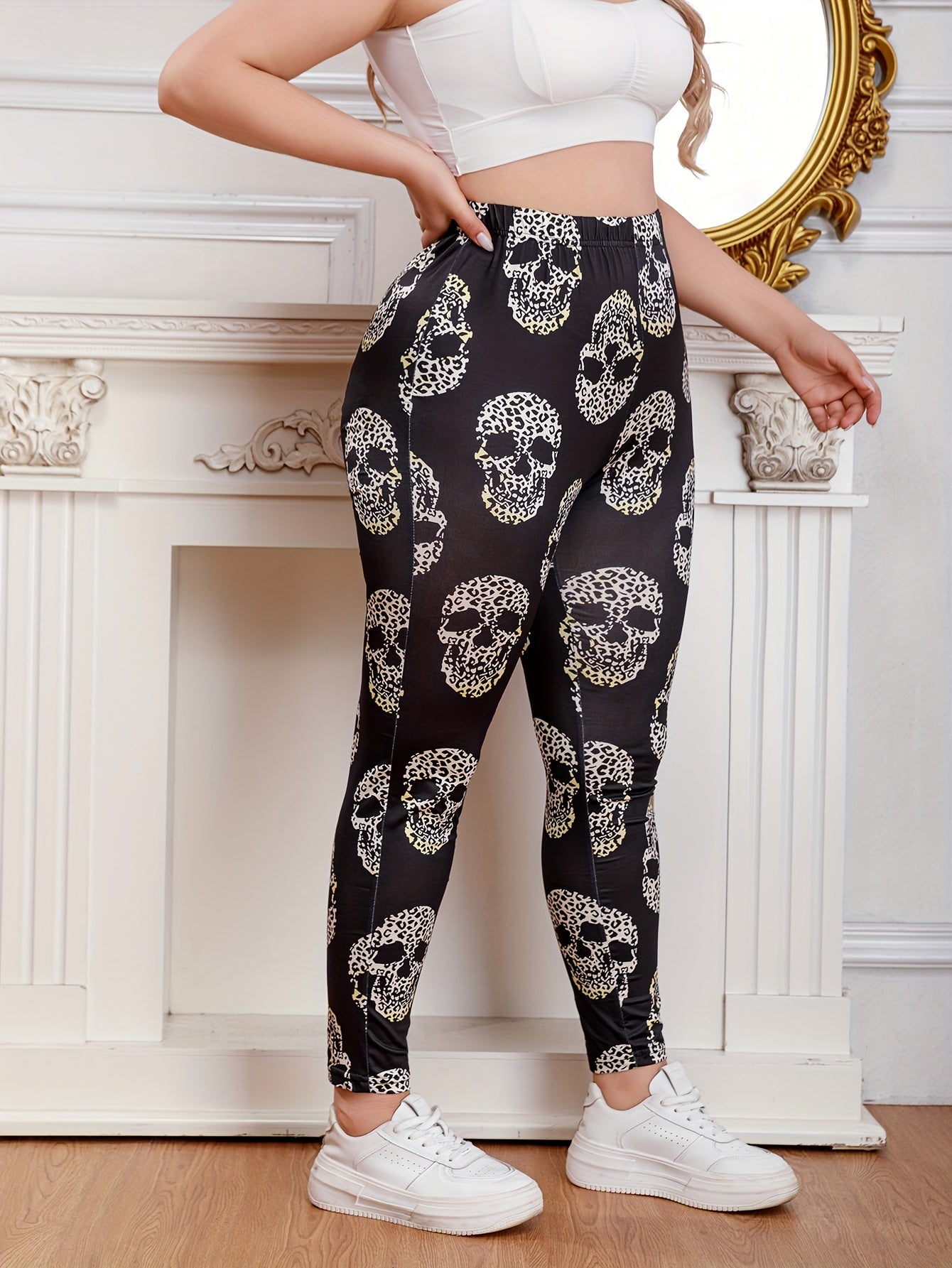 Gothic Leggings Women's Plus Leopard Skull Print Elastic High Rise Str