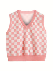 Checkerboard Sleeveless Knitted Vest for Summer Party