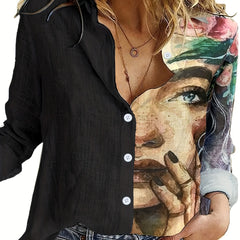 Colorblock Figure Print Long Sleeve Blouse