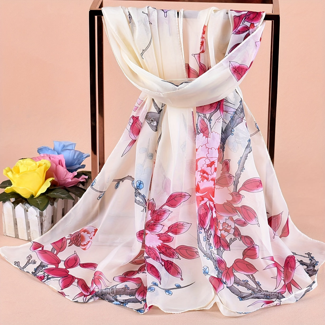 Branch Bird Print Chiffon Scarf Vintage Thin Shawl