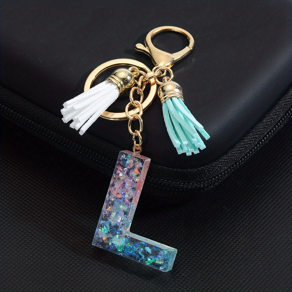Resin Initial Letter Keychain w/ Tassel Small Bag Accessories Keyring Pendant