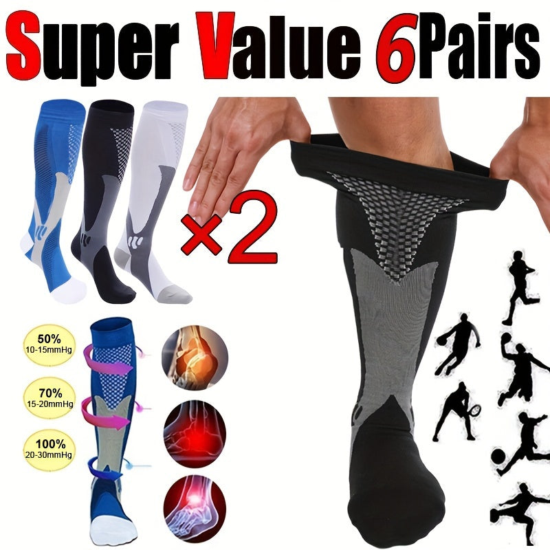 6 Pairs Men's Compression Sport Socks, Nylon Blend, Breathable
