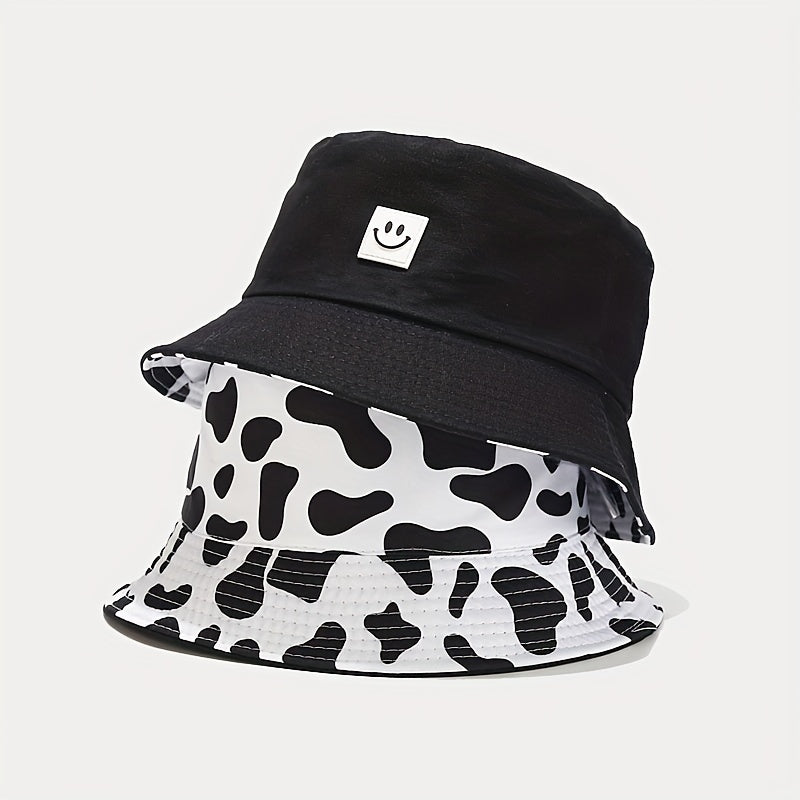 1pc Versatile Bucket Hat Double Sided Smile Face Cow Pattern Sun Hat