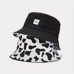 1pc Versatile Bucket Hat Double Sided Smile Face Cow Pattern Sun Hat