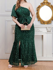 Glitter Sequin One Shoulder Split Maxi Party Dress