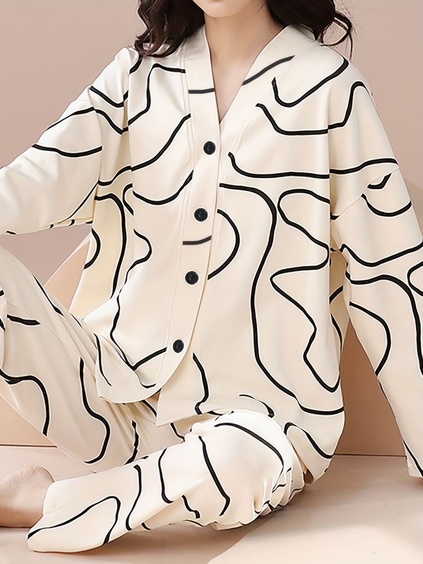 Geometric Print Pajama Set Long Sleeve Top & Pants Women's Sleepwear