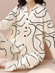 Geometric Print Pajama Set Long Sleeve Top & Pants Women's Sleepwear