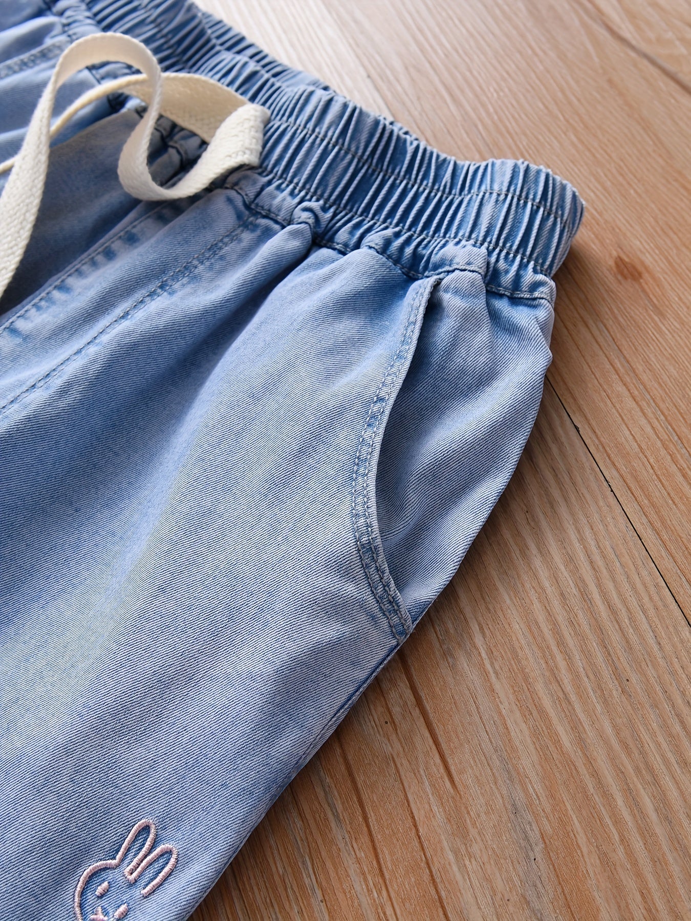 Girl's Embroidered Jeans, Elastic Waist Trousers