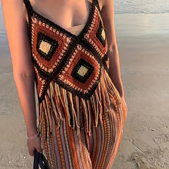 Crochet Beachwear Top Fringe Trim Hollow Out V Neck Cami Women's Swimwear
