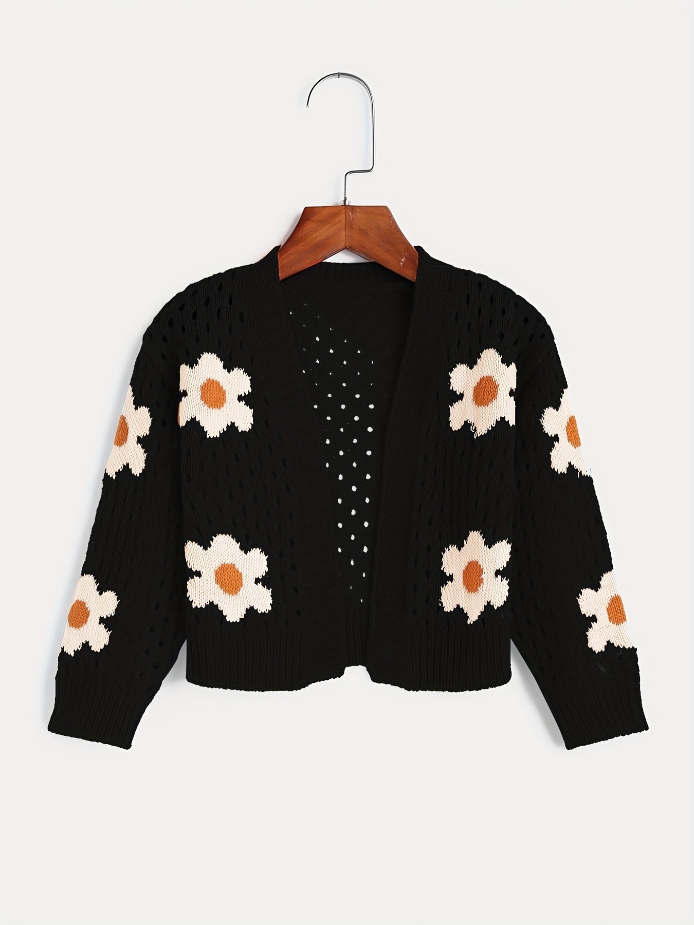 Girls Flower Jacquard Sweater Cardigan Long Sleeve Sweater Coat