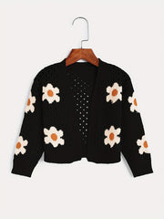 Girls Flower Jacquard Sweater Cardigan Long Sleeve Sweater Coat