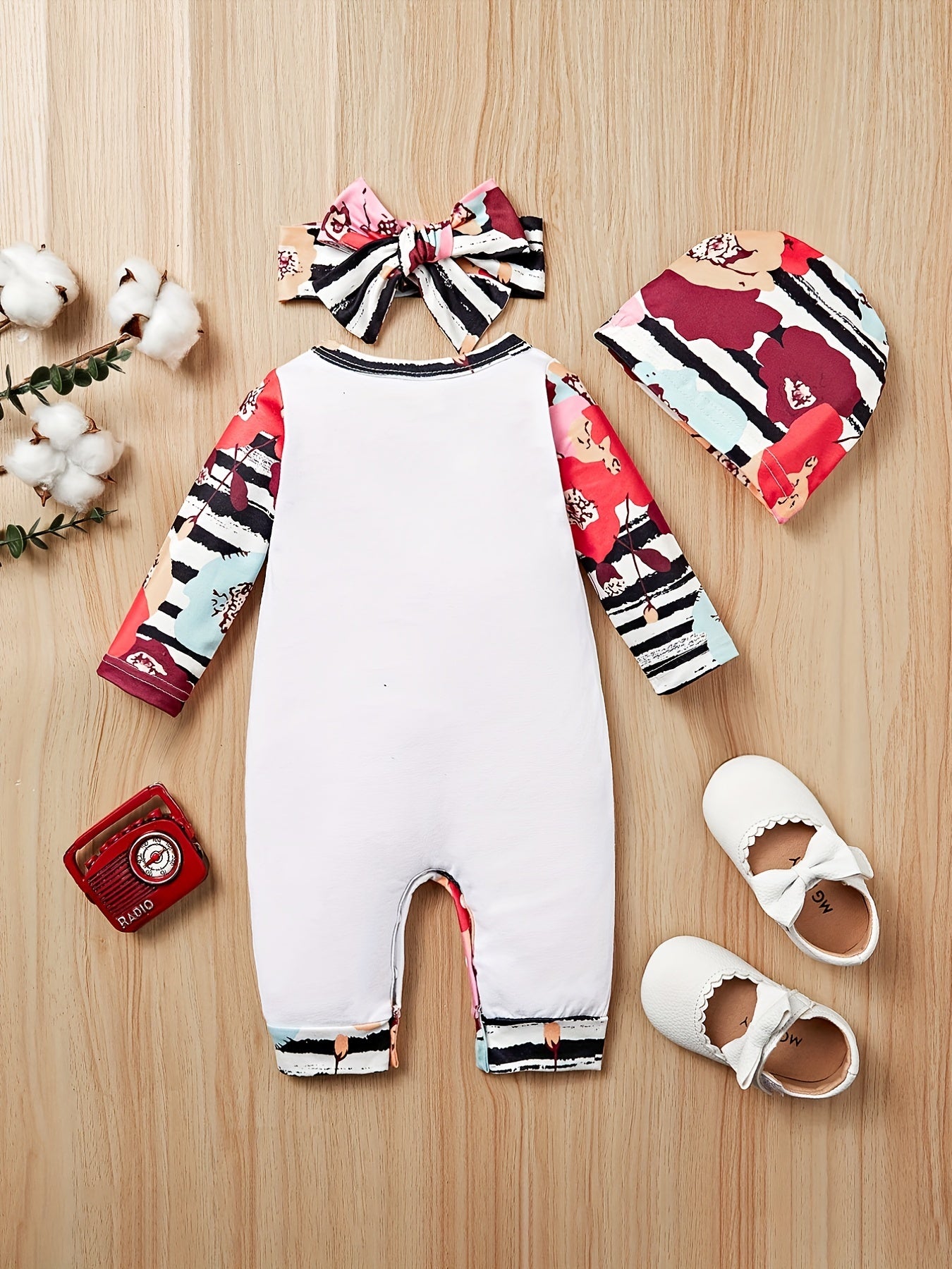 3pcs Baby Girls I m Here Romper & Headband & Cap