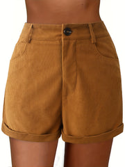 Solid Button Front Slim Shorts for Women