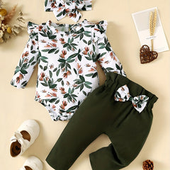 Baby Girl Floral Romper & Pants Set with Headband