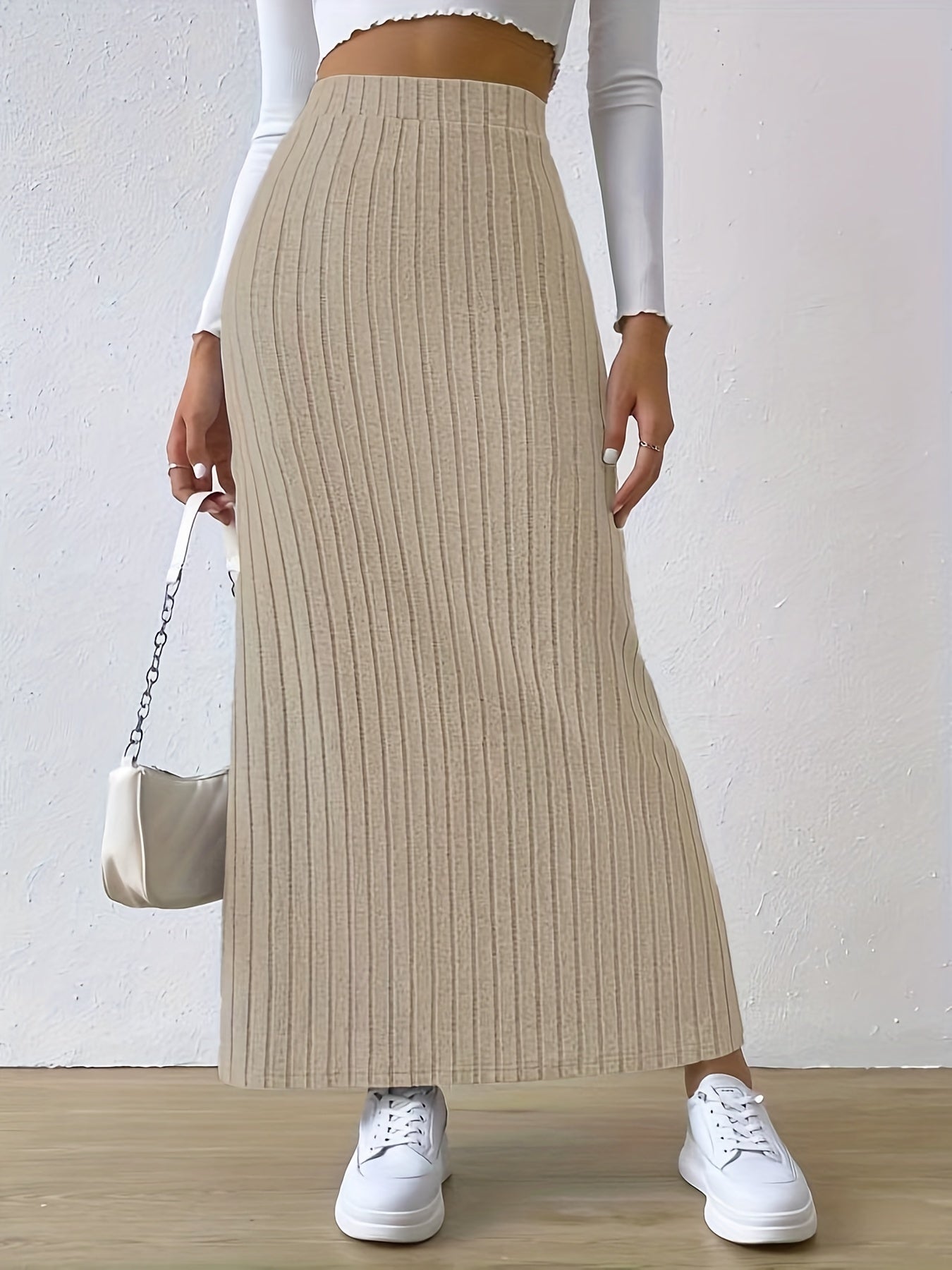 Ribbed Split Skirt High Waist for Spring & Summer Women's Clothing