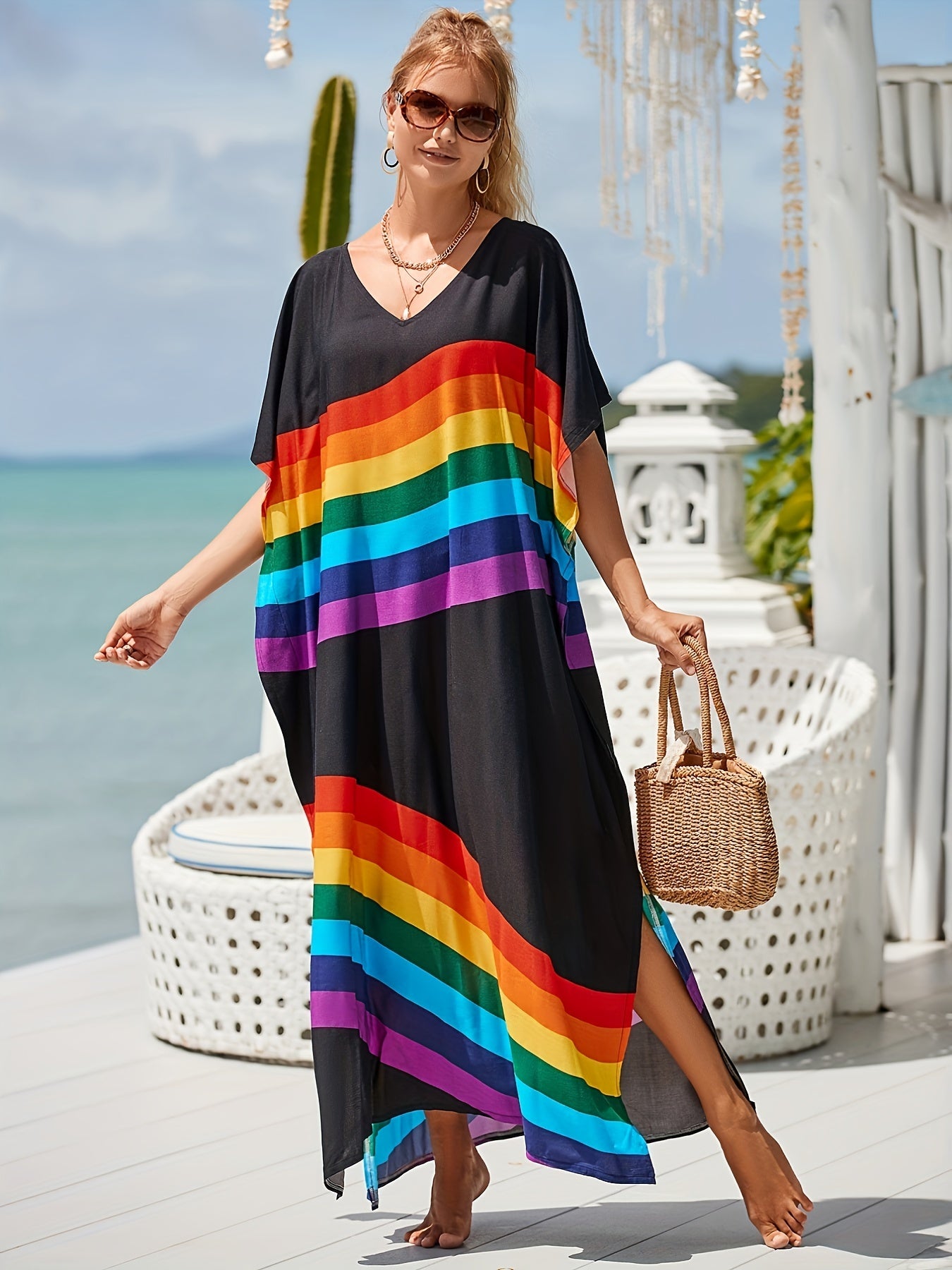Women's Plus Rainbow Stripe Bat Sleeve V Neck Slight Stretch Cover Up Dress
