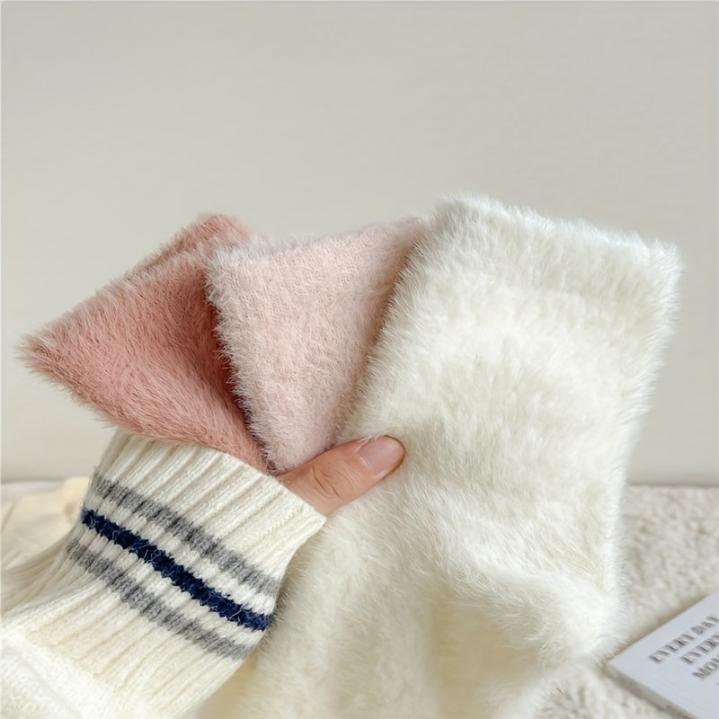 6 Pairs Cozy Fuzzy Warm Women's Socks Solid Soft Stockings Hosiery