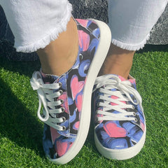 Pink Love Heart Pattern Flat Shoes Women's Shallow Mouth Casual Shoes