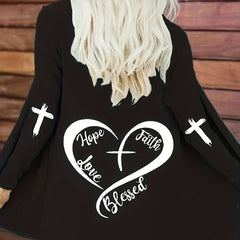 Women's Open Front Cardigan Heart & Letter Print Long Sleeve