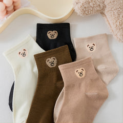 5 Pairs Women's Bear Pattern Earth Tone Tube Socks