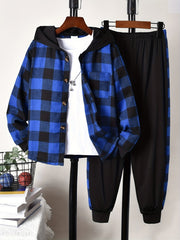 Boys Plaid Button Front Hooded Shirt Sweatpants Set