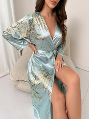 Floral Print Night Robe Long Sleeve V Neck Belted Women's Sleepwear