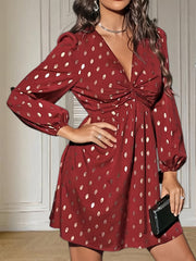 Graphic Print Twist Front Dress Casual V Neck Long Sleeve Dress