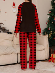 Christmas Pajamas Set Women's Geo Elk & Letter Print Tee & Plaid Pants