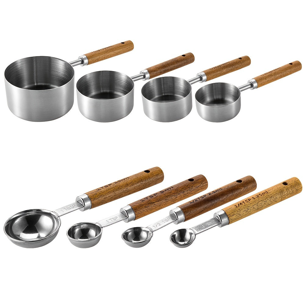 8pcs Measuring Cups & Spoons Set Stainless Steel Wooden Handle