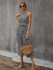 Striped Wide Leg Tie Front Jumpsuit for Women