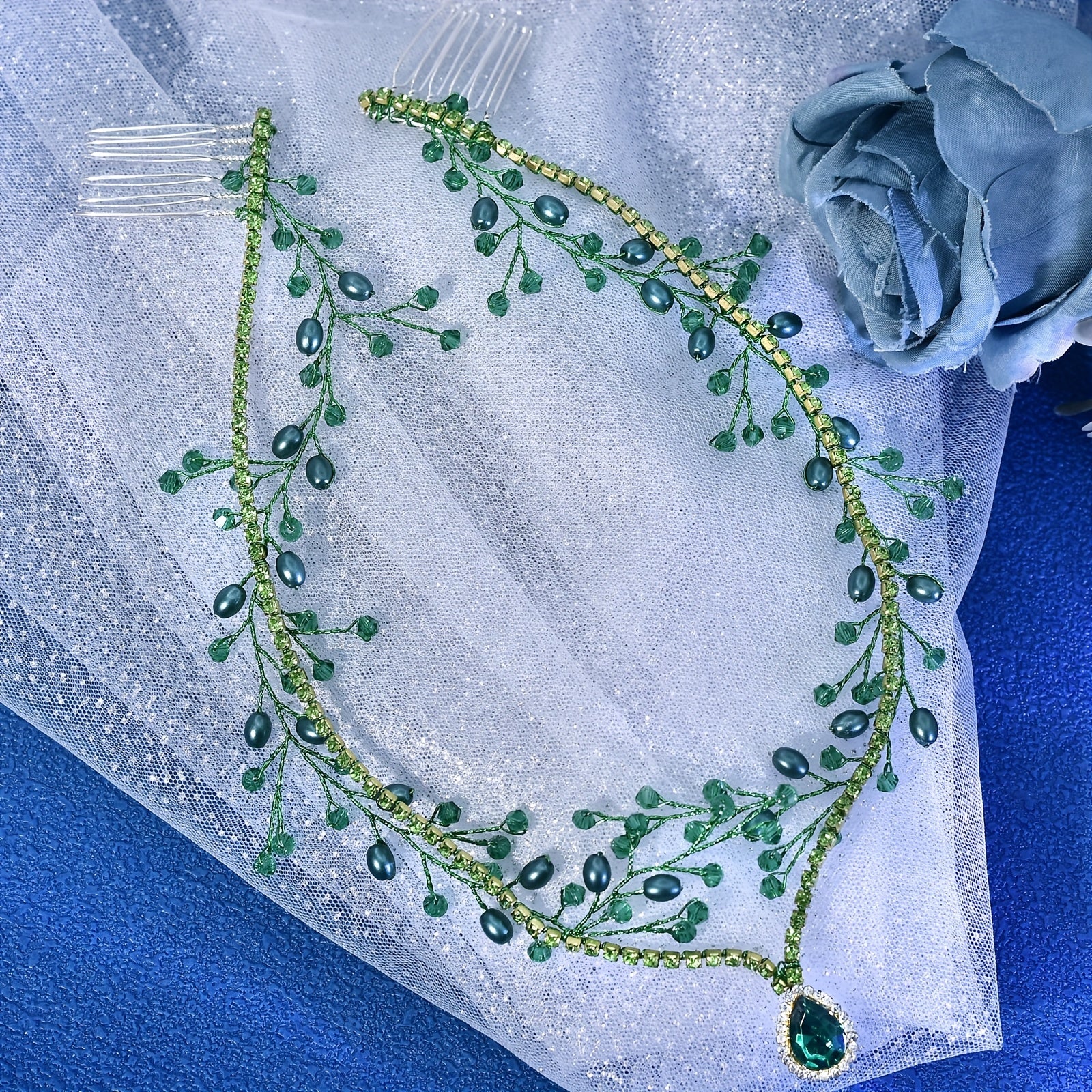 Bohemian Bridal Headpiece Green Gemstones Wedding Party Hair Accessory