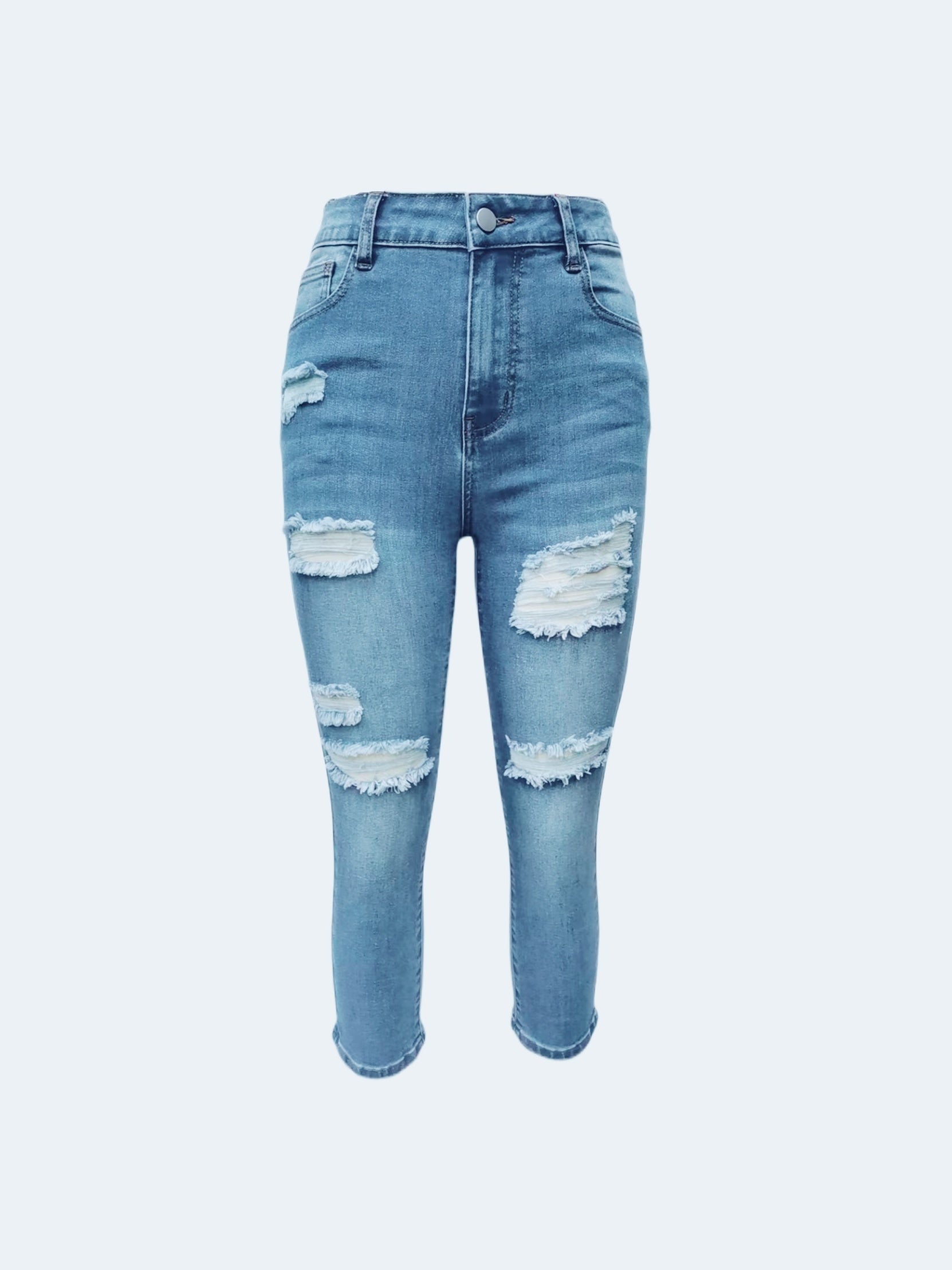 Ripped Holes Cropped Skinny Jeans Slim Fit Slash Pockets High Stretch Capris