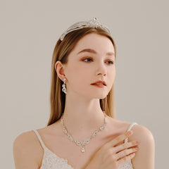 3PCS Wedding Necklace Earrings Crown Set Bridal Jewelry