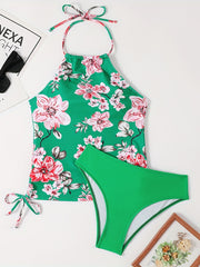 Floral Print Halter Tankini Set Backless 2 Piece Bathing Suit
