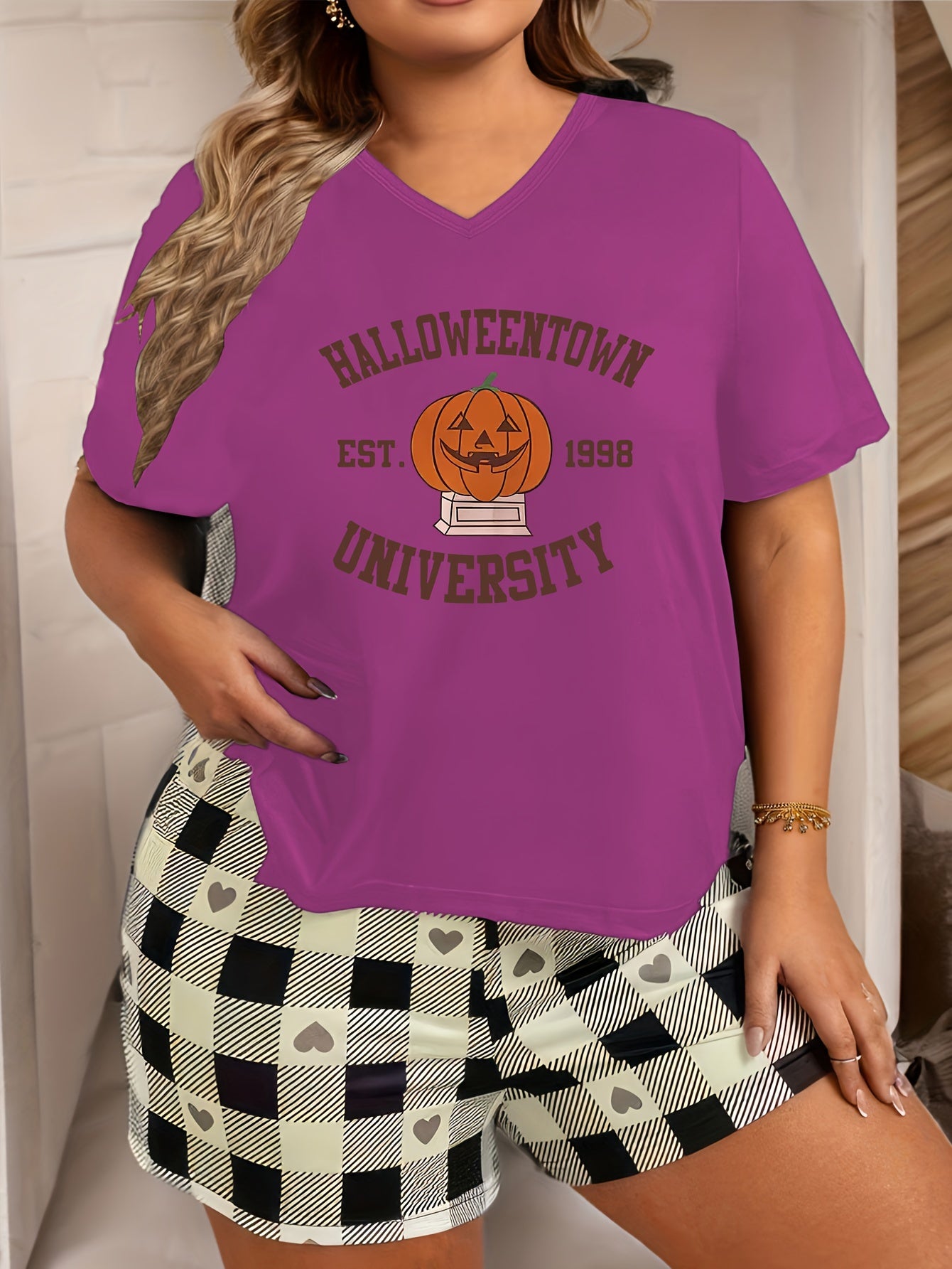 Halloween Lounge Top Women's Plus Funny Pumpkin V Neck Pajama Top