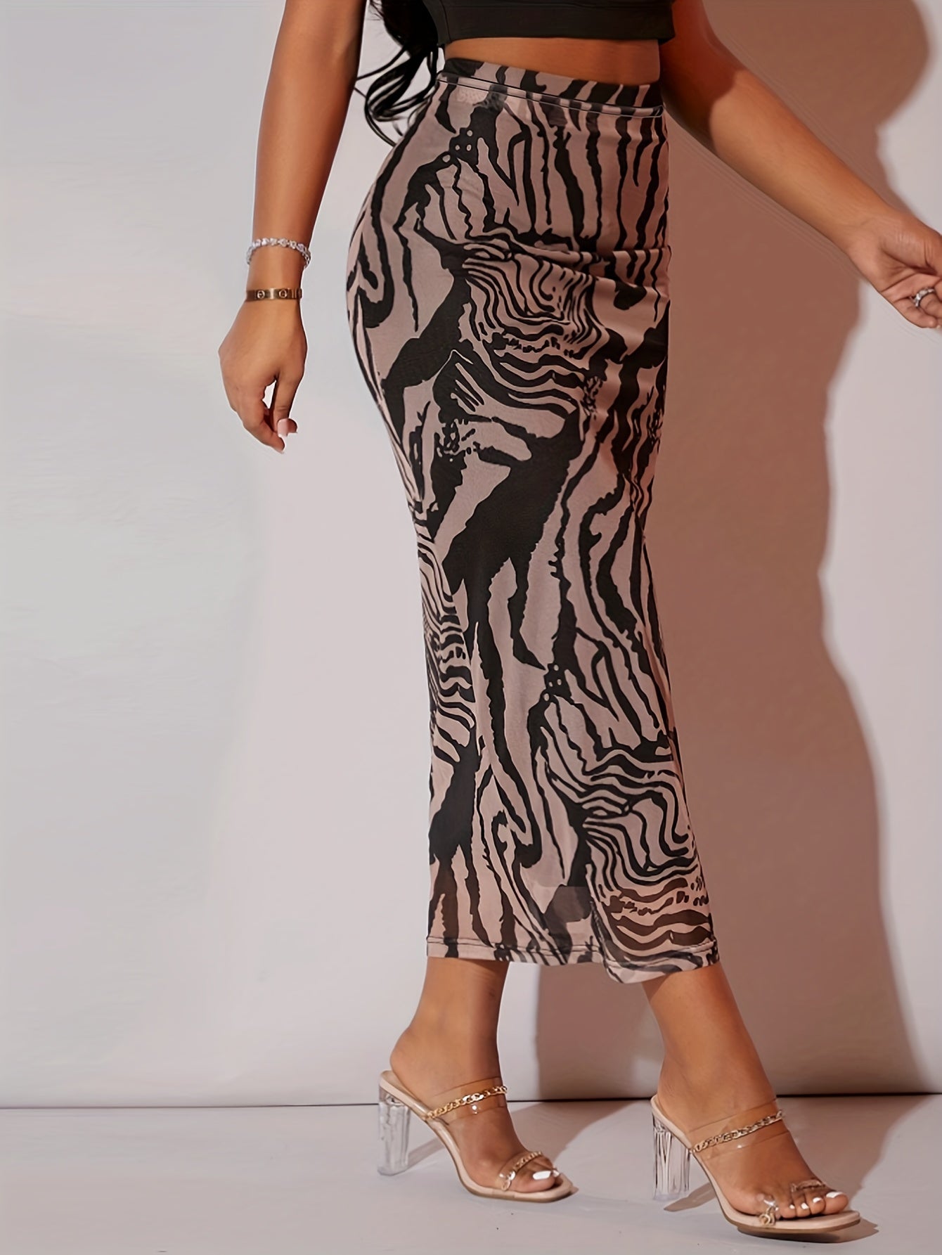 Allover Print Elastic Waist Skirt Sexy Bodycon Skirt For Spring & Summer