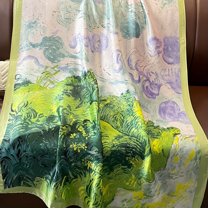 Green Oil Painting Print Scarf Classic Satin Shawl Sunscreen Head Wrap