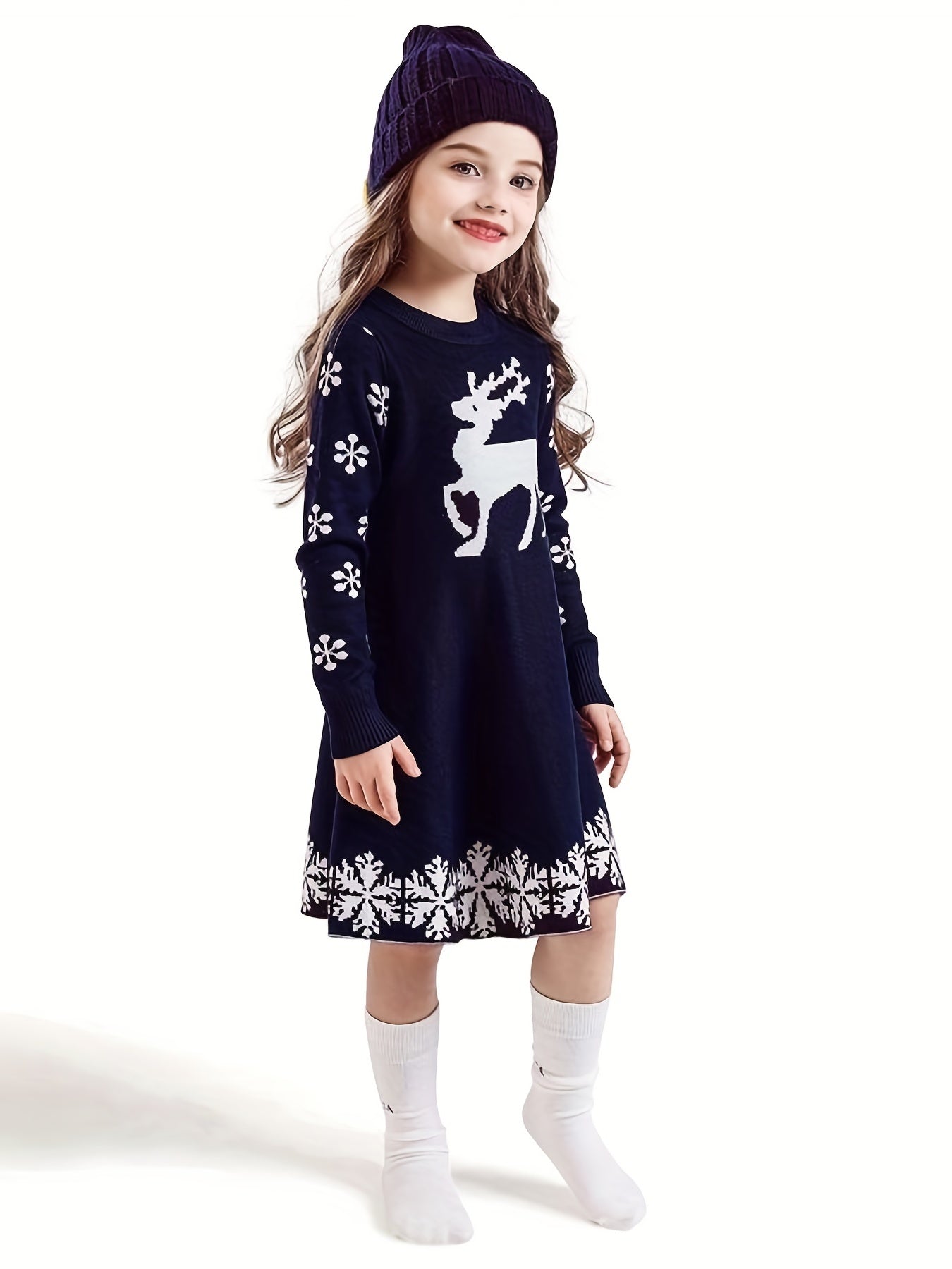Christmas Deer Jacquard Knitted Dress Long Sleeve Sweater