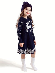 Christmas Deer Jacquard Knitted Dress Long Sleeve Sweater