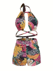 Women's Plus Tropical Print Halter Neck Cami Top & Shorts 2 Piece Set