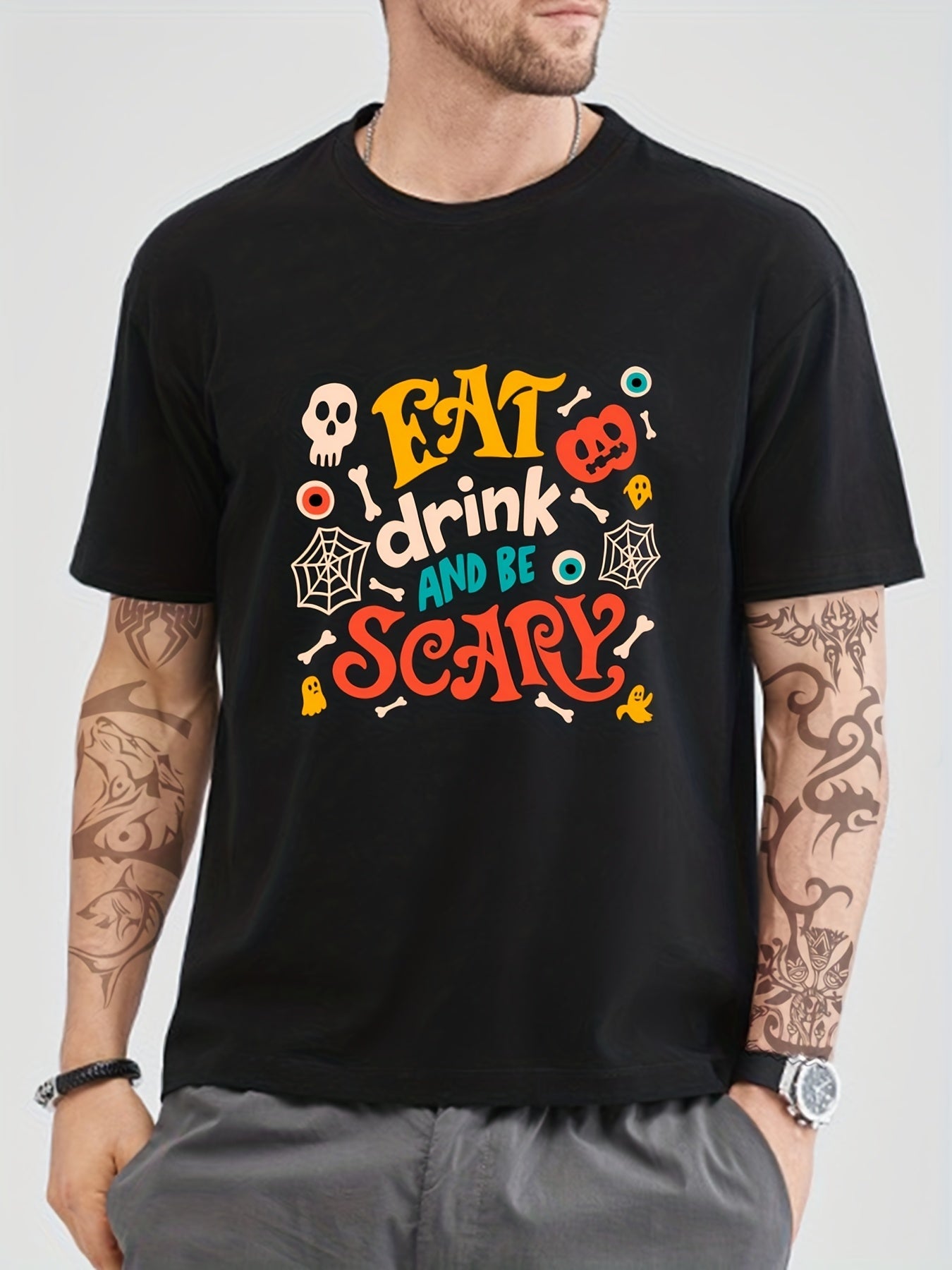 Cotton Halloween Print Men's Crew Neck Tshirt Casual Tees