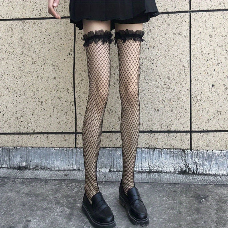 Ruffle Fishnet Thigh High Stockings Hollow Out Over The Knee Socks