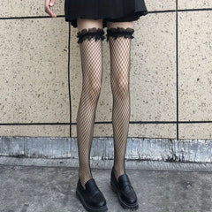 Ruffle Fishnet Thigh High Stockings Hollow Out Over The Knee Socks