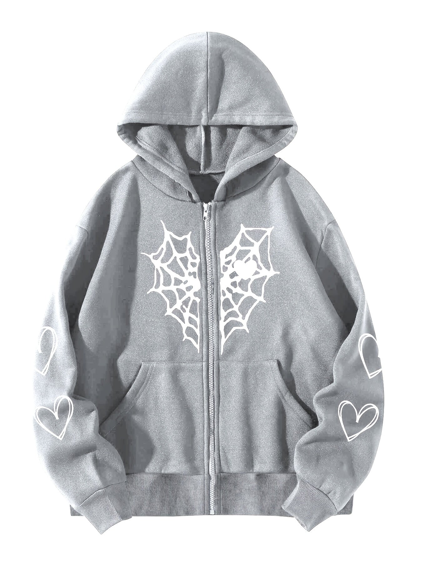 Heart Print Drawstring Hoodie Zip Sweatshirt