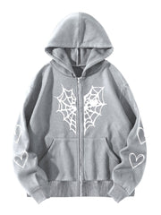 Heart Print Drawstring Hoodie Zip Sweatshirt